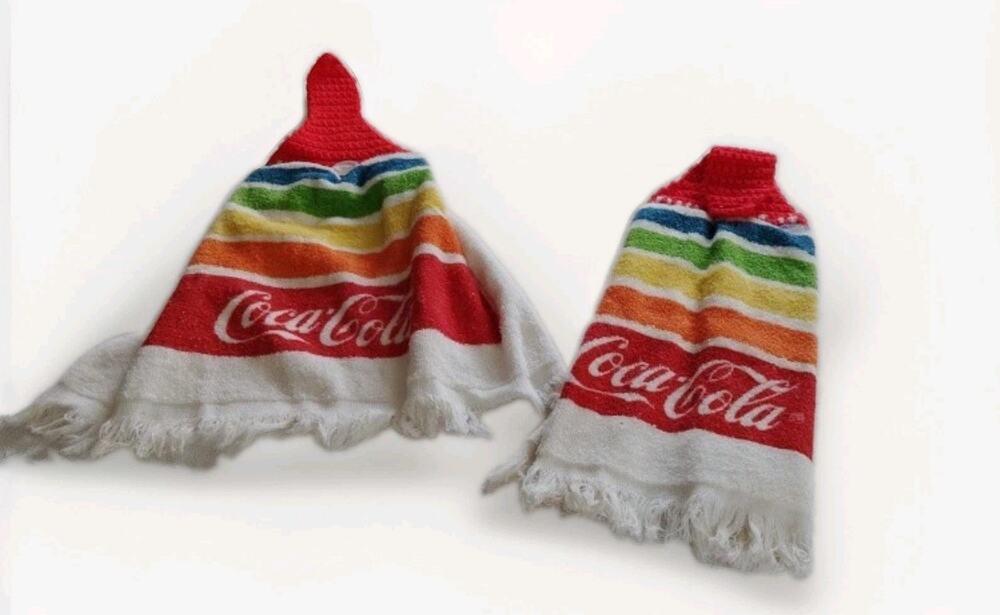 COCA-COLA Set Of 2 Vintage Kitchen Hand Towels Crochet Rainbow